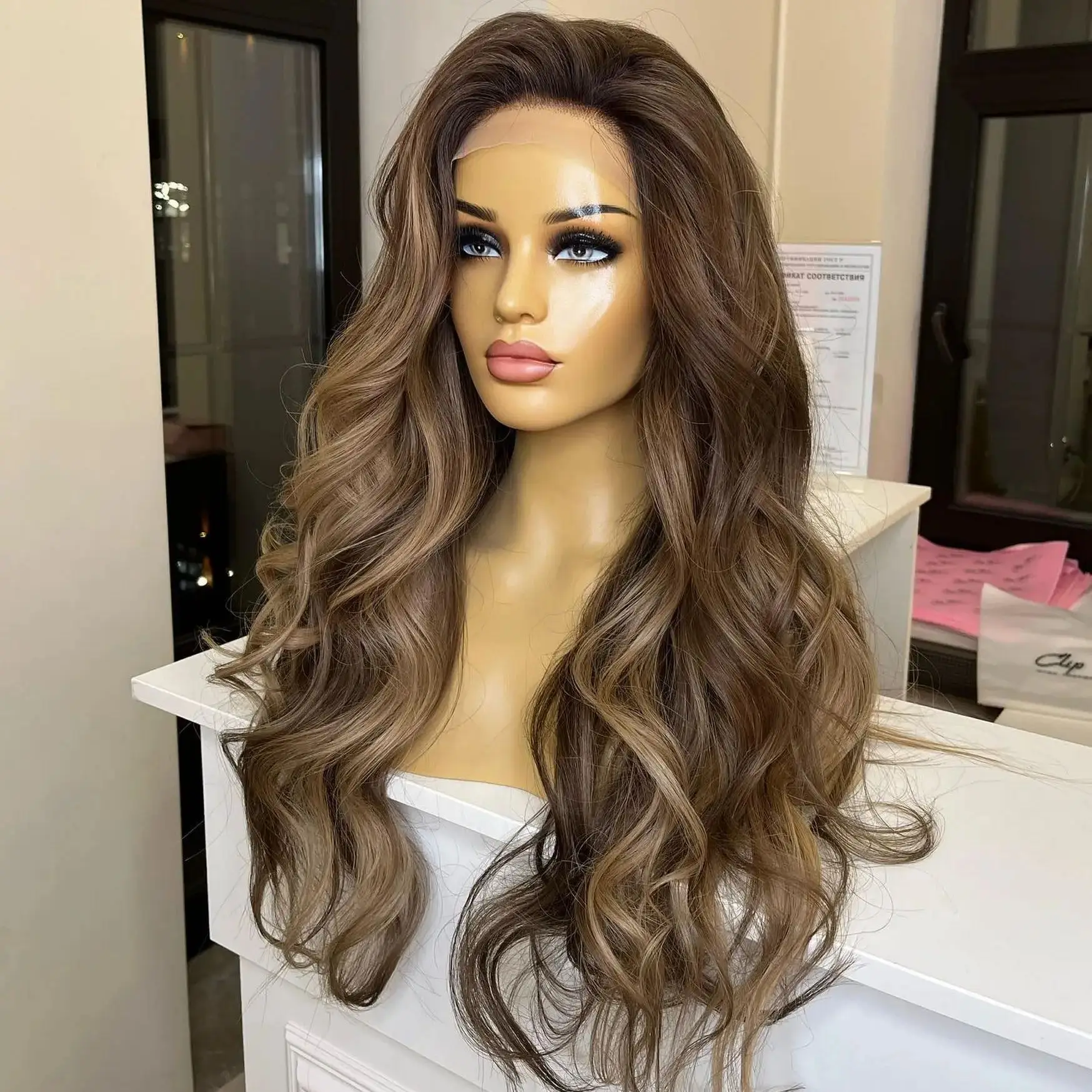 

24-дюймовые длинные объемные волны, бесклеевые парики, синтетические волосы, каштаново-коричневый, реалистичный вид, натуральные волосы, мягкие парики