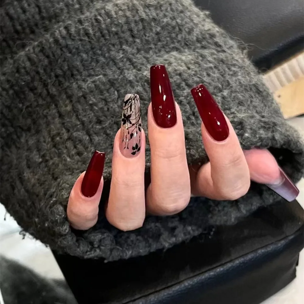 Faux ongles français longs de forme trapézoïdale, manucure portable, couverture complète, à pression, Style Vintage, vin rouge amande