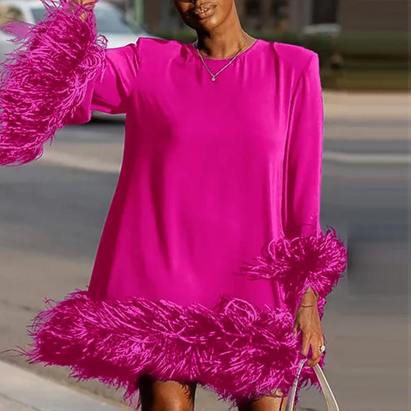Trendy Sexy Patchwork Feather Women Evening Dress Fall Elegant O-neck A-Line Mini Dress Winter Flare Sleeve Femme Pullover Dress