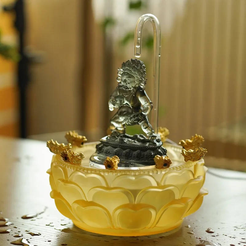 Five-Way of Ancient Glazed Yellow of Black God of Wealth Buddha Statue Flowing Ornament Water Offeri