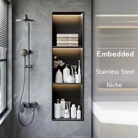 Luxury Stainless Steel Niches Built-in Bathroom Storage Rack Gray 1/2/3/4 Floor Niche with Lamp... product image