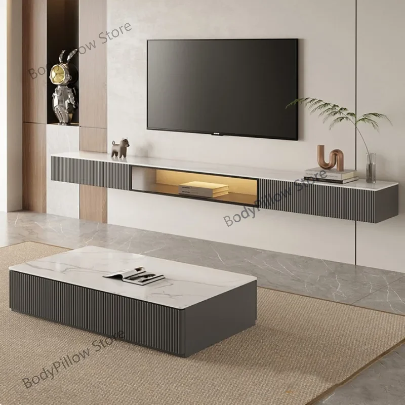 Nordic Solid Wood Suspended LED Smart Light TV Cabinets Living Room Furniture Modern Hanging Slate Luxury Wall  Stands d