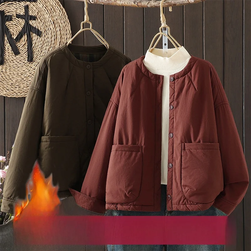 

Женская теплая хлопковая одежда в стиле ретро Thiened Cotton Jaet с большими количествоми ор Чистый цвет круглый Ne Cotton Trendy