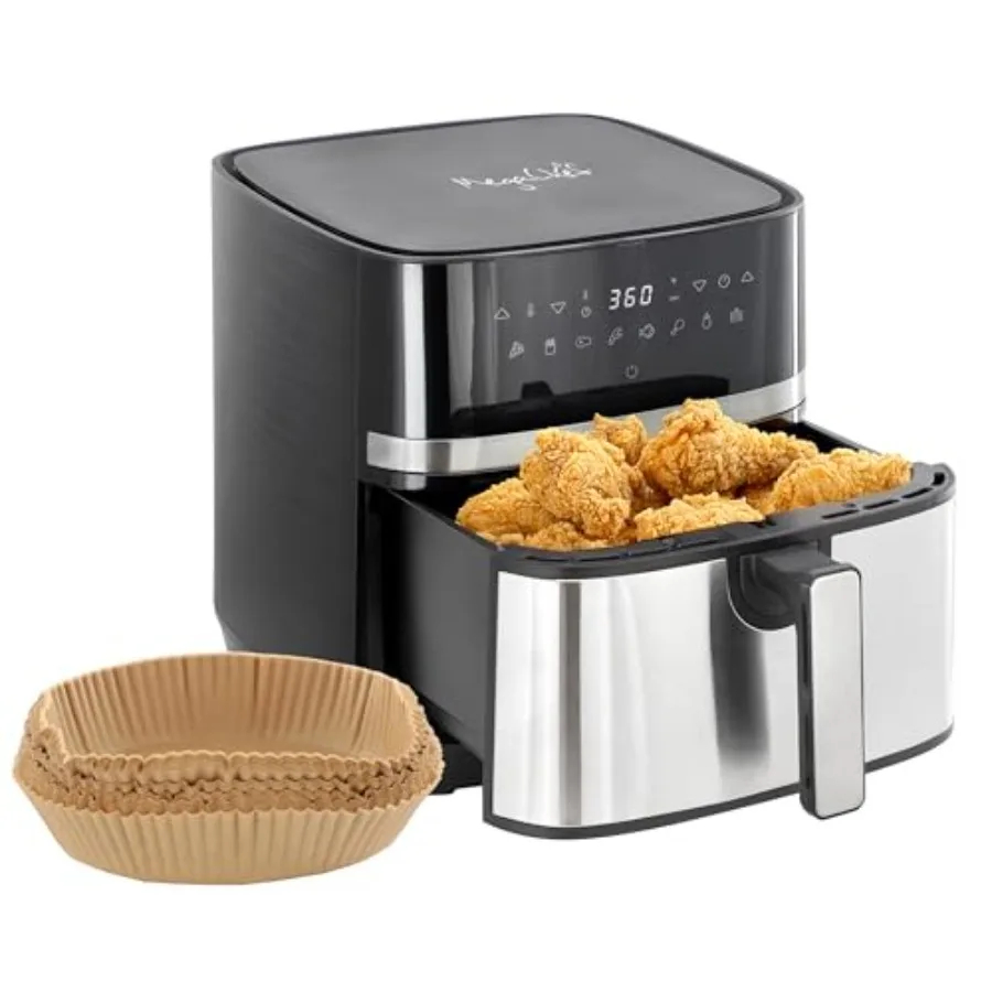 

8.5 Quart Bundle Electric Air Fryer in Black and Stainless Steel with 125 Piece Paper Liners