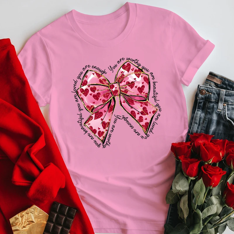Pink Valentine Coquette Heart Women T-shirt Sweet Pink Bow Graphic 