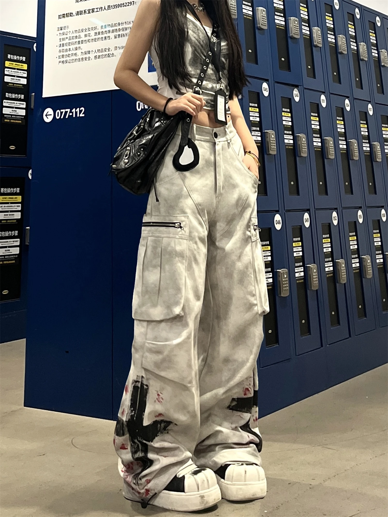Y2K Women's High Waist Wide Leg Jeans Gray Tie - Dye Multi - Pocket Zipper Graffiti Print Streetwear Fashion Denim Trousers