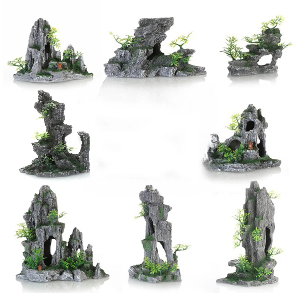 Aquarium Decoration Simulation Rockery Fish Tank Landscaping Stone Ornament Artificial Resin Mountain Fish Hide Cave Stone Decor