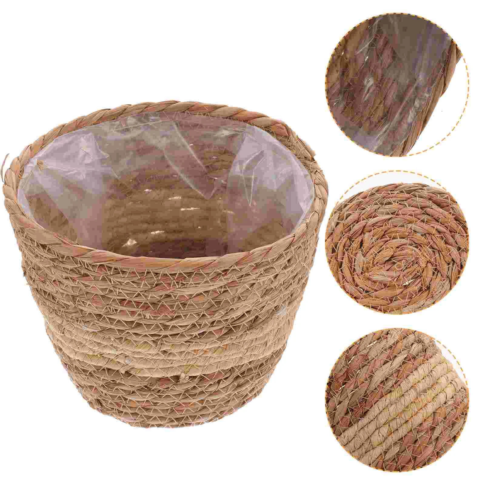 

Woven Waste Bin Straw Flower Pot Containers for Food Planter Basket Plants Faux Indoor