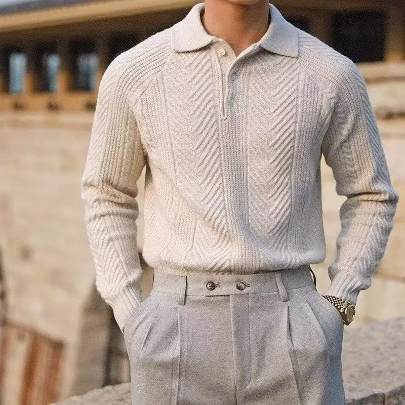 Autumn Winter Men Polo Shirt with Collar Gent Long-sleeve Sweater Boy Slim-fit Warm Knitwear Man Soft Comfortable Casual Jacket