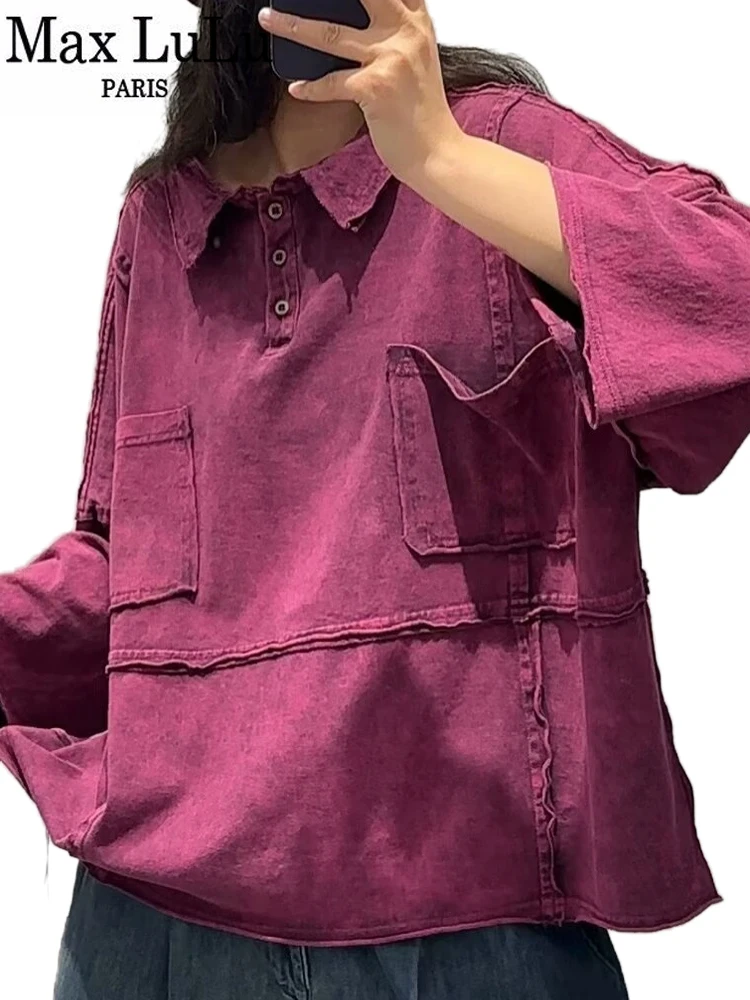 Max LuLu Koreanische Frühling Patchwork Damen T-shirts Mode Lose Freizeit Tops Damen Klassische Elegante 2025, Vintage Baumwolle Kleidung