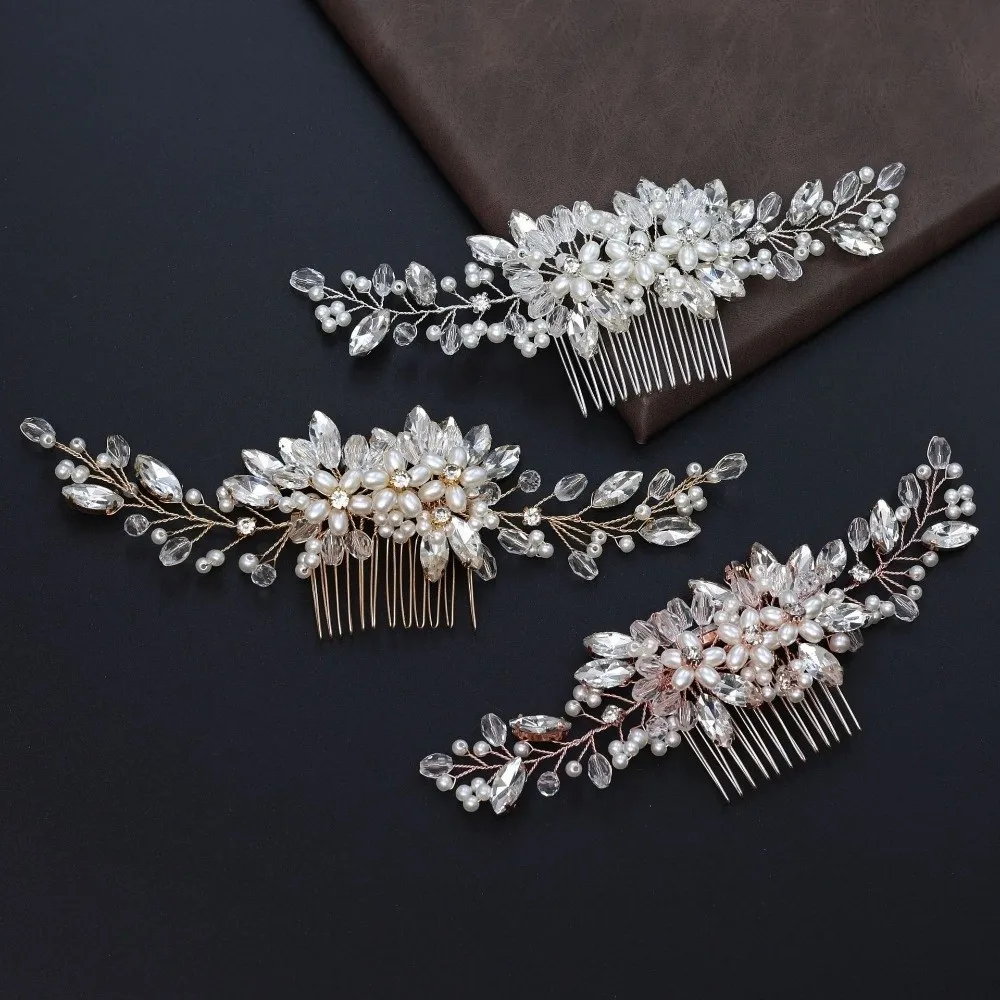 럭셔리 합금 진주 머리빗 장신구 수제 톱니형 삽입 빗 반짝이는 꽃 모양 라인석 머리핀 신부 들러리용