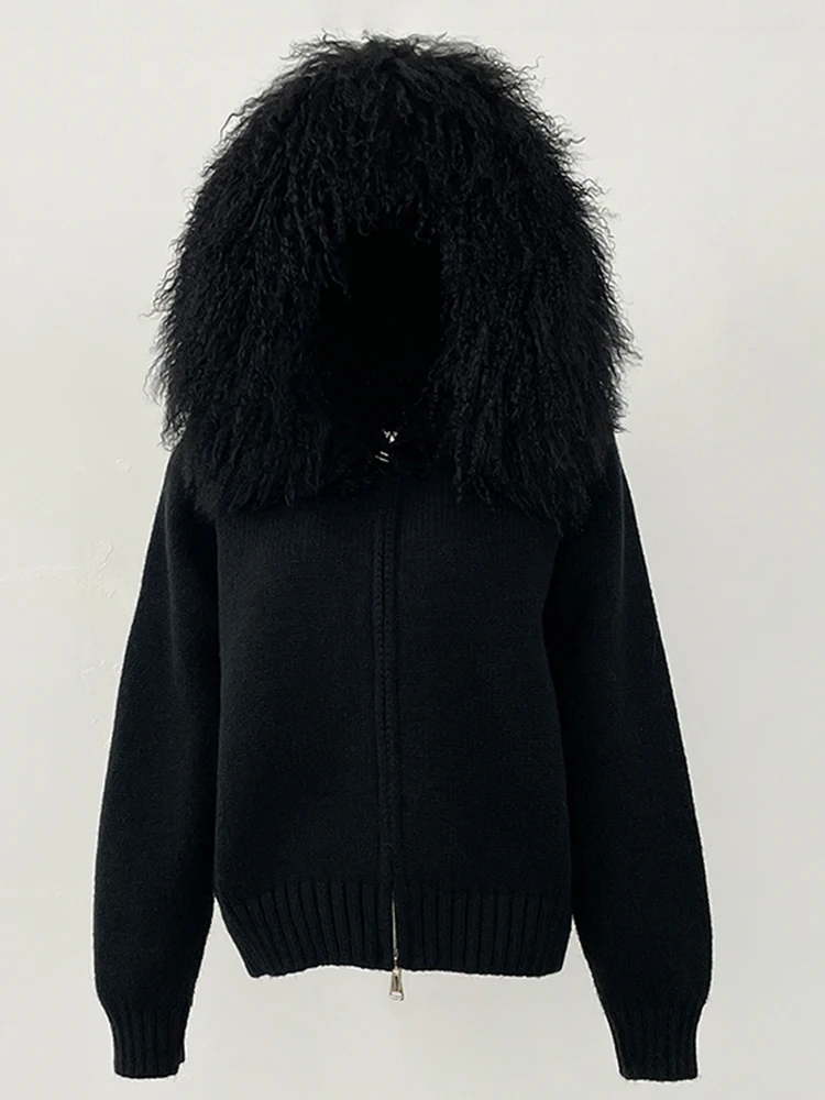 2025 New Winter Knitted Cardigan Women Hooded Mongolia Sheep Fur Sweater Female Fashion Traffic Knitting Clothing Lady