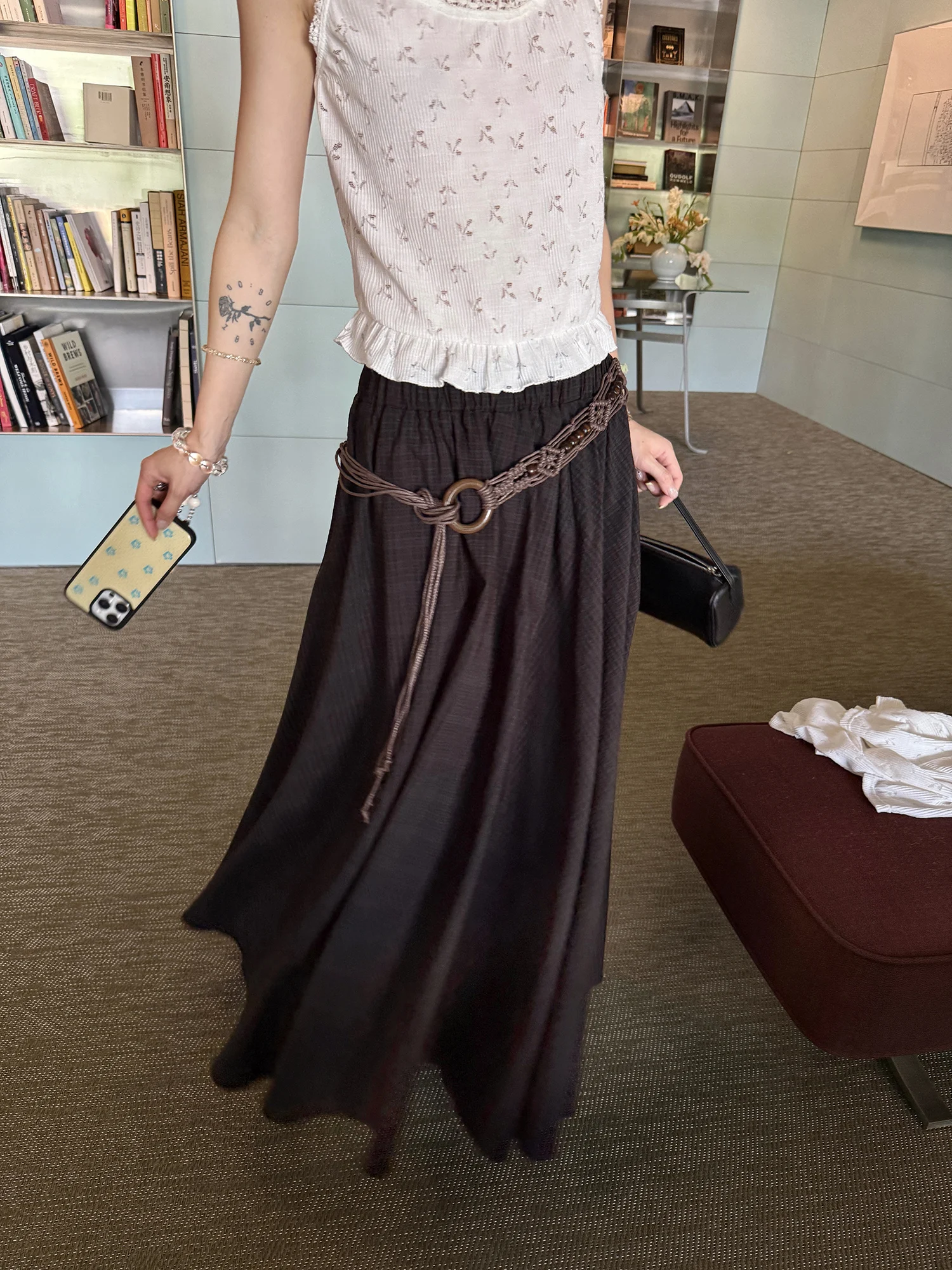 

LelyMooch Salted Bubble Plaid Elastic Waist A-Line Midi Skirt Commuter Plaid f-length Skirt Casual Polyester Blend