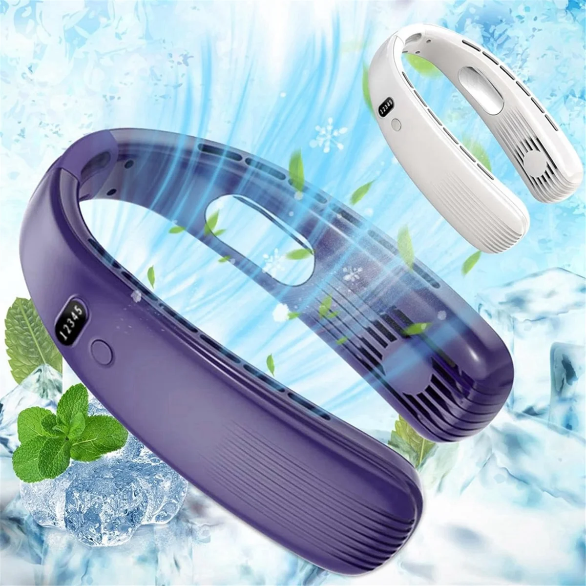 블레이드리스 넥 팬, USB 리프 덜 작동 웨어러블 헤드폰 디자인, 야외 스포츠용 저소음 넥 팬, 흰색