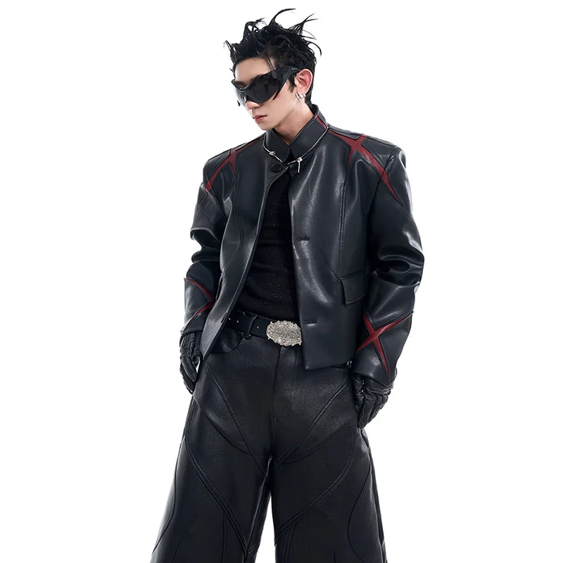 LUZHEN Personalized Leather Standing Jacket Collar Motorcycle Original Short Trendy Color Contrast Street Men's Coats JY7111
