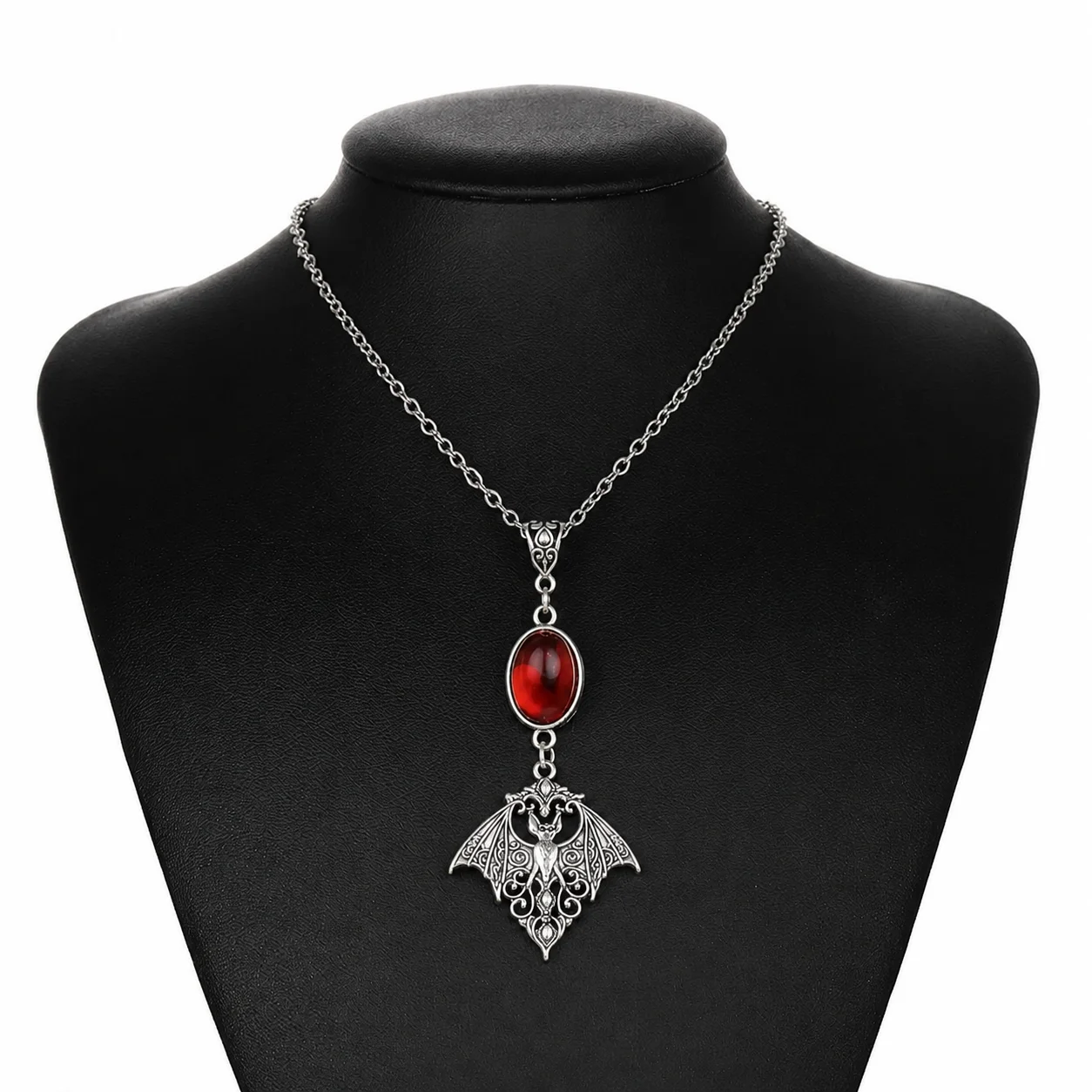 Gothic Bat Pendant Necklace Vintage Red Oval Crystal Gem Necklace Bat Charm Punk Dark Halloween Neck Jewelry for Women