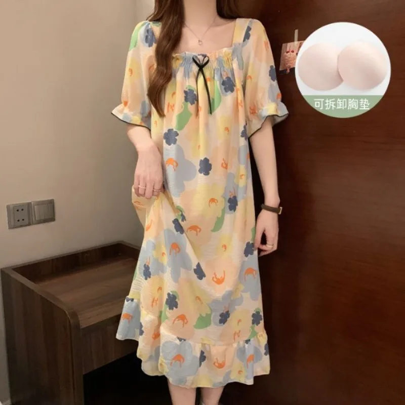 

Large Size Summer Pajamas Dress with Chest Pad Korean Print Bubble Wrinkle Short Sleeve Home Sleepdress Knee Length Nightgown