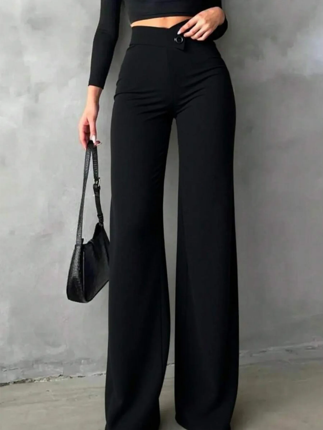 Elegant Women's High Waist Straight Leg Pants Black Tailored Drapey Slimming Office Commuter Trousers  2026