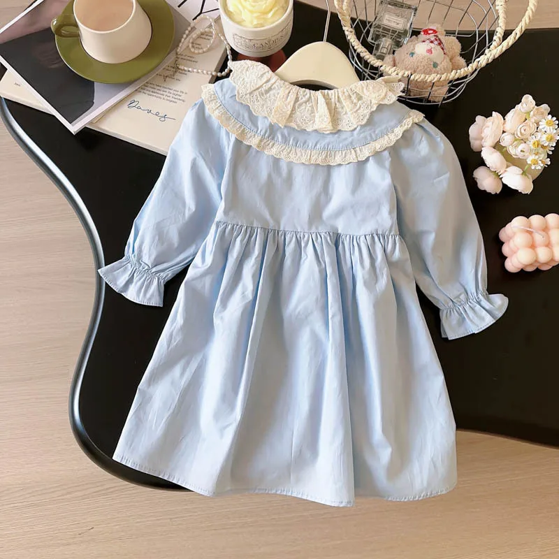 Girls Casual Dresses Lace Doll Collar Puffy Sleeve Dress Toddler Girl Clothes Princess Dress for Girls Kids Wear