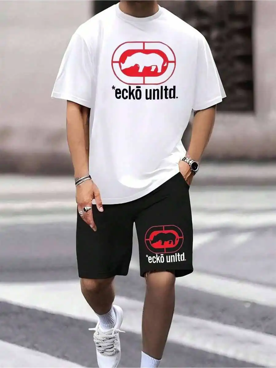 

Mens Cotton T-Shirt And Shorts Set With Rhino Graphic Streetwear Casual Outfit