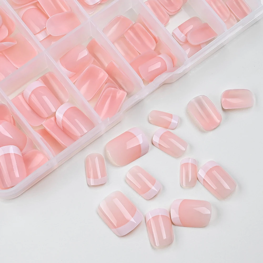 120Pcs Pink White French Short Square False Nails Soft Gel Glossy Acrylic Press On Nails Full Cover Women Extension Fake Nails#
