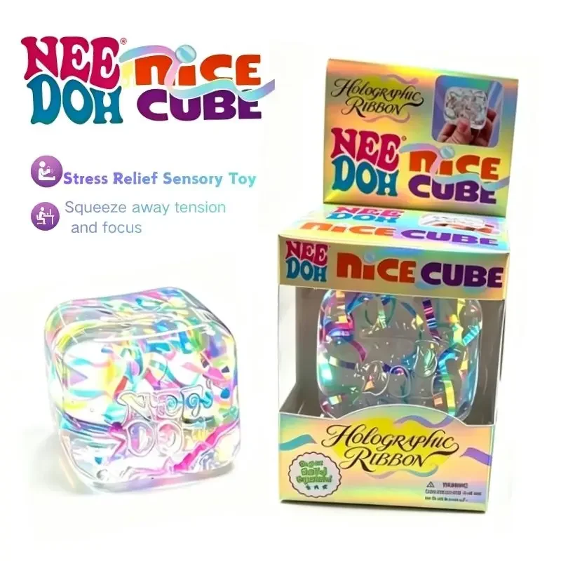 NeeDoh Nice Cube Sensory Fidget Toy, Holographic Ribbon Inside Soft Squish Cube, Anti-Anxiety Stress Relief Squeeze Toy with Box