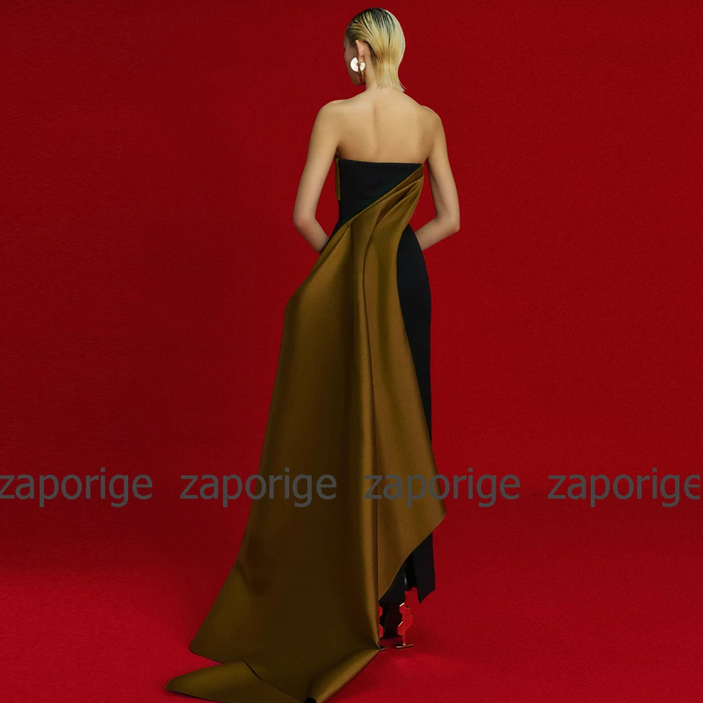 Strapless Formal Dress Contrast Color Saddle Brown&Black Jersey&Satin Pleat Ruffles Column&Sheath Strapless Ankle Length Dresses