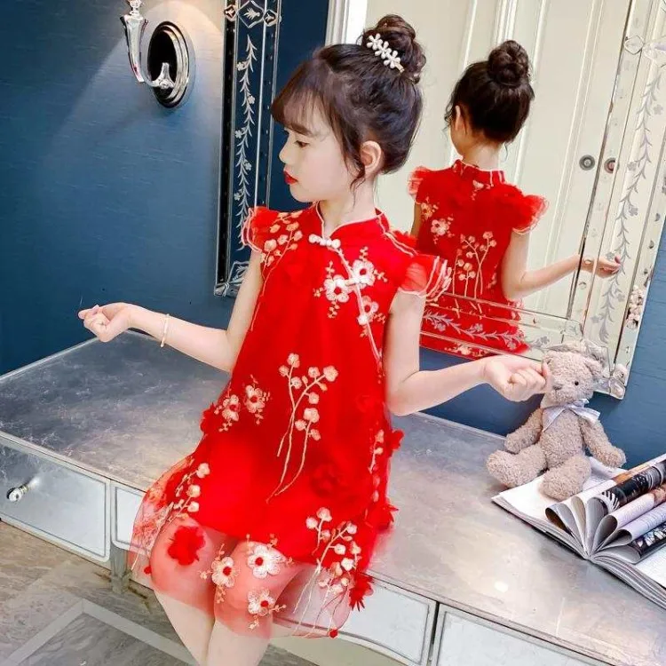 2026 summer Kids Girls Chinese sleeveless mesh floral Qipao Princess Teenager New Year Dress Clothing 3 4 5 6 7 8 9 12 11 Years