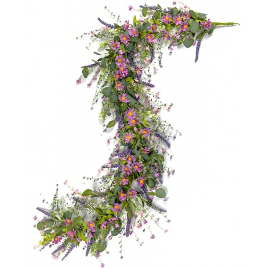 

6Feet Spring Flower Garland Faux Eucalyptus Greenery with Lavender Purple Daisy Wild Berry Artificial Vine for Easter Wedding A
