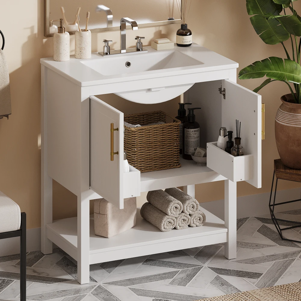 30 Inch White Bathroom Vanity with Ceramic Sink and Versatile Storage - Ideal for Small Bathrooms