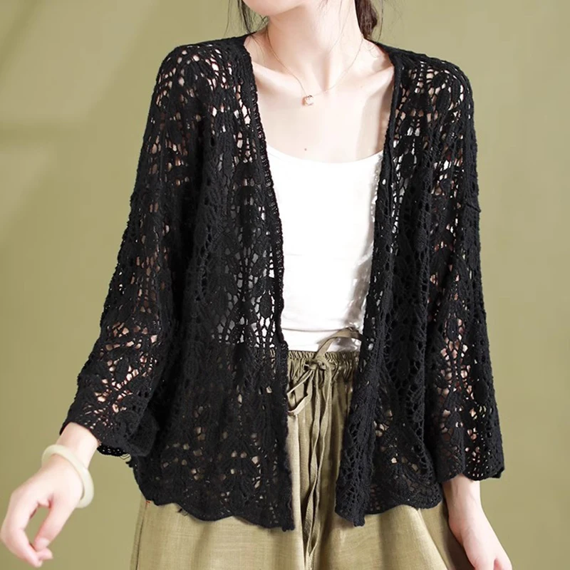 Cardigan da donna all'uncinetto Top scavato aperto sul davanti Manica a 3/4 Camicie di protezione solare Casual Copricostume da spiaggia Estate Streetwear
