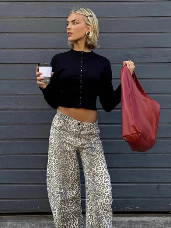 Sexy Leopard Print Loose Low Waist Denim Pants Casual Straight Knife  Women's Long Trousers Spring Autumn 2026
