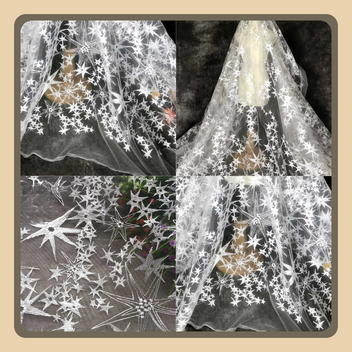 

Heavy Duty White Five Pointed Star Embroidered Lace Net Fabric for Wedding Dress Gown Costume DIY Sewing Material