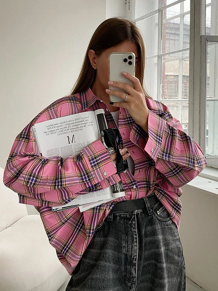 2023 Autumn Winter Women Vintage Oversized Long Thick Plaid Shirt Long Sleeve Ladies Tops Loose Fit Blouse For Woman