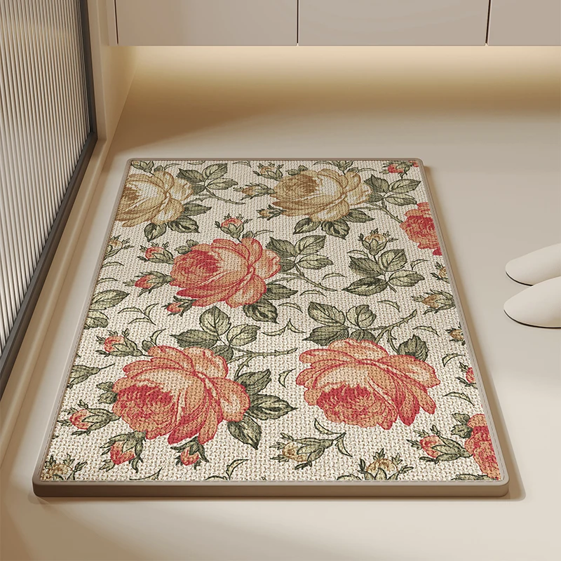 

American Style Bathroom Mat Bathroom Entrance Anti-Slip Absorbent Linen Woven Home Foot Pad Shower Room Mat Floral Pattern Si...