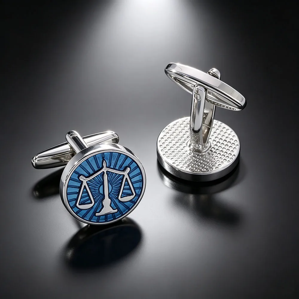2024 Blue Painted Balance Scale Round Cufflinks Lawyer Suit Men's Shirt Accessories High Quality Alloy Cuff Button Business Gift