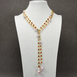 50'' Cultured Purple Keshi Baroque Pearl Red Heart Glass Cz Edge Paved Long Chain Long Necklace Handmade Lady Gifts