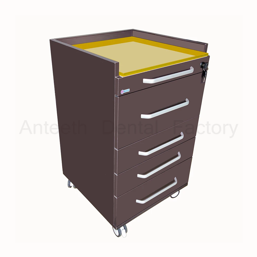 Anteeth Dental  Beauty Furniture Stainless Steel Brown Color Glass Table Top Multifunction Mobile Dental Cabinet
