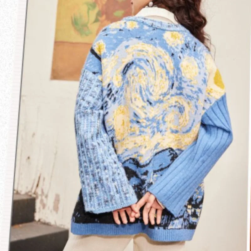 French Women Button Knitted Cardigan Van Gogh Art Painting Floral Jacquard Sweater Female Vintage Loose Casual Knitwear Coat