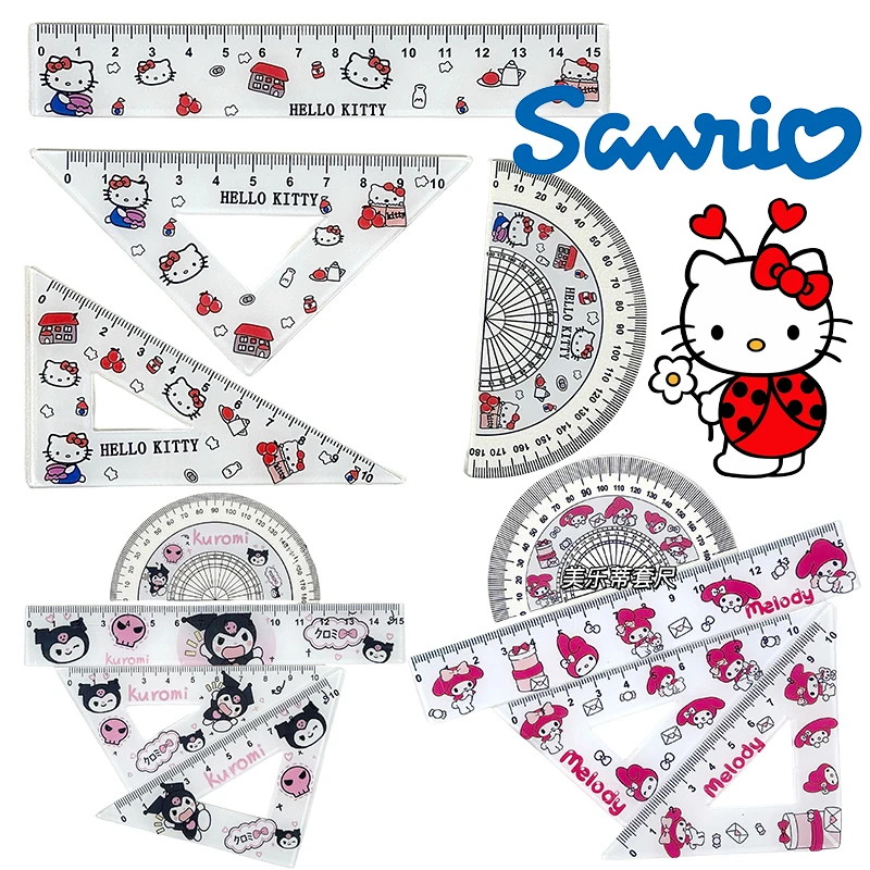 4pcs/Set Sanrio Hello Kitty Ruler Set Cartoon Acrylic Triangular Plate Protractor Measuring Ruler Stationery Kids Christmas Gift