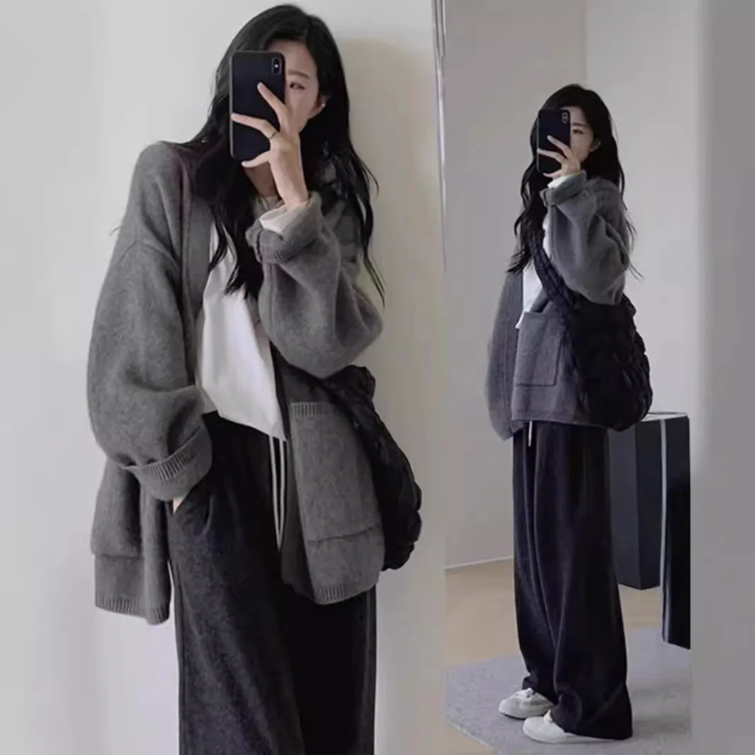 

Women's Cardigan 2025 Autumn Winter New Korean Style Loose Knitted Cardigan Lazy Solid Color With Pockets Elegant Sweater Coat