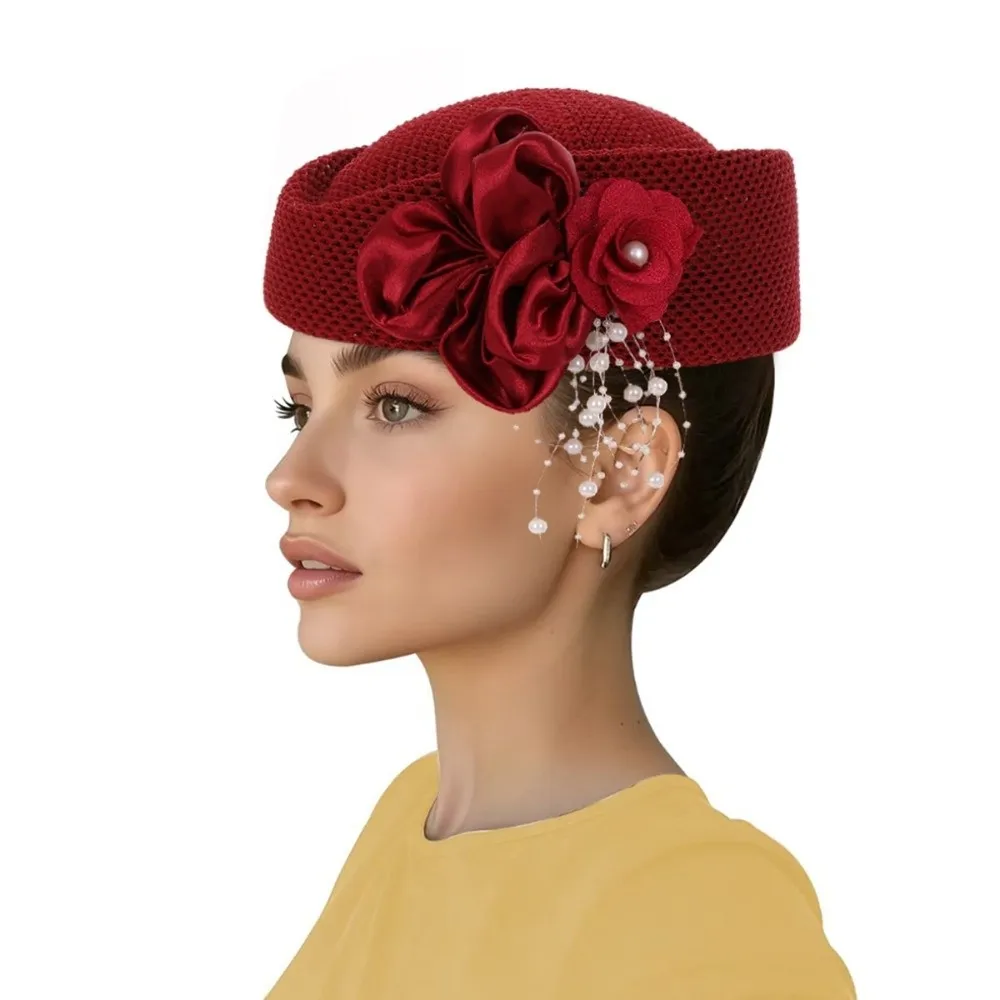 New With Flower Straw Pillbox Hat Structured Crown Round Shape Brimless Cap Vintage Style Solid Round Dress Hat Daily Outfits
