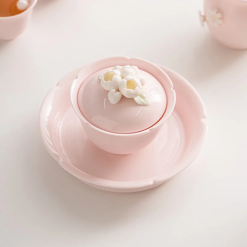 

Персиково-розовый зажимной цветок Sancai Gaiwan Чайная чашка Одиночный высококачественный бытовой керамический чайный сервиз ручной работы Кунг-фу Чайная чаша большого размера