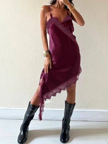 Vestido corto de satén con encaje empalmado para mujer, vestidos de fiesta sexys asimétricos sin mangas y espalda descubierta, vestido de verano 2025 para mujer