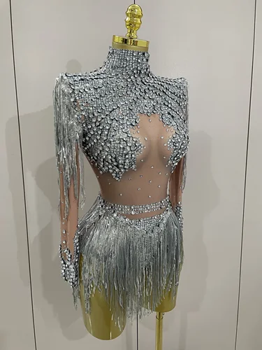 Imagen 2 del producto Body elástico con borlas y lentejuelas brillantes para mujer, traje de actuación en escenario para fiesta de cumpleaños, club nocturno, Dj, novedad de 2025