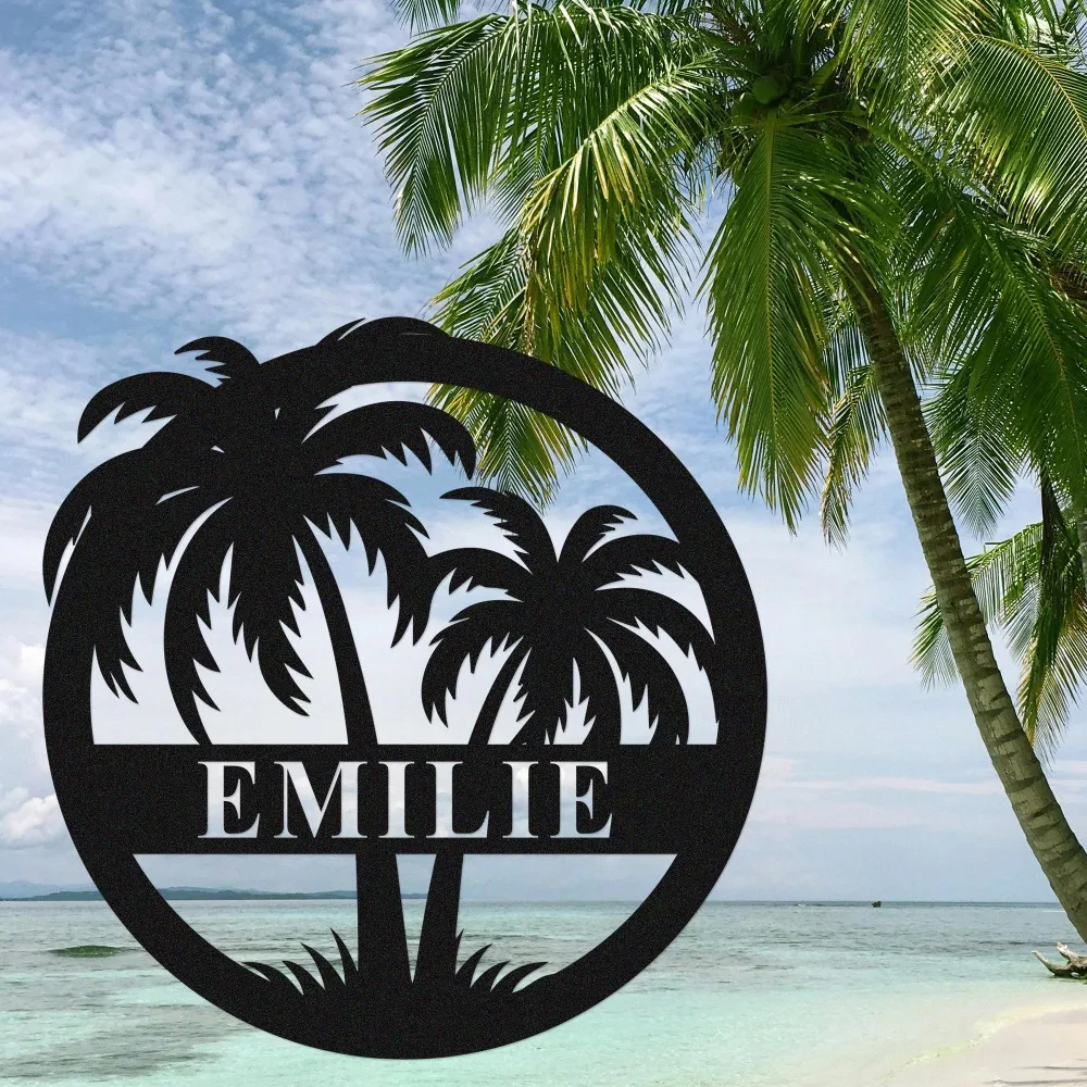 Personalized Palm Trees Metal Sign,Custom Family Name Plaque,Beach & Lake House Coastal Wall Decor