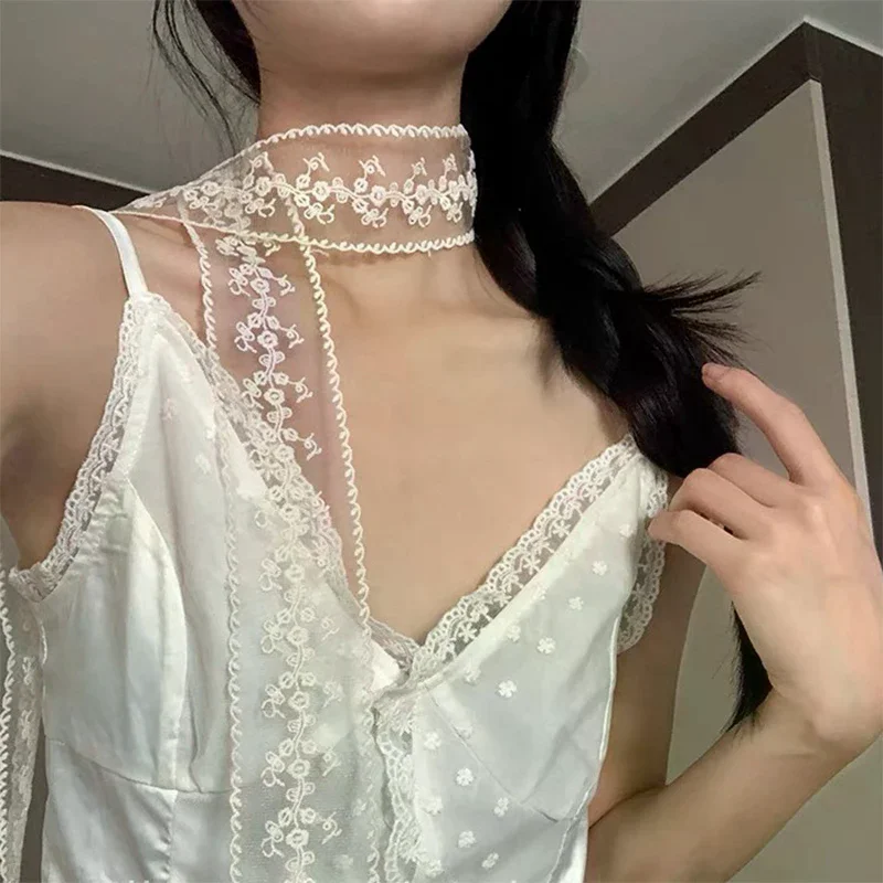 Sweet Flower Lace Neck Strap Dressing Decoration Korean Style Hair Band Neckerchief Transparent Long Ribbon Head Scarf