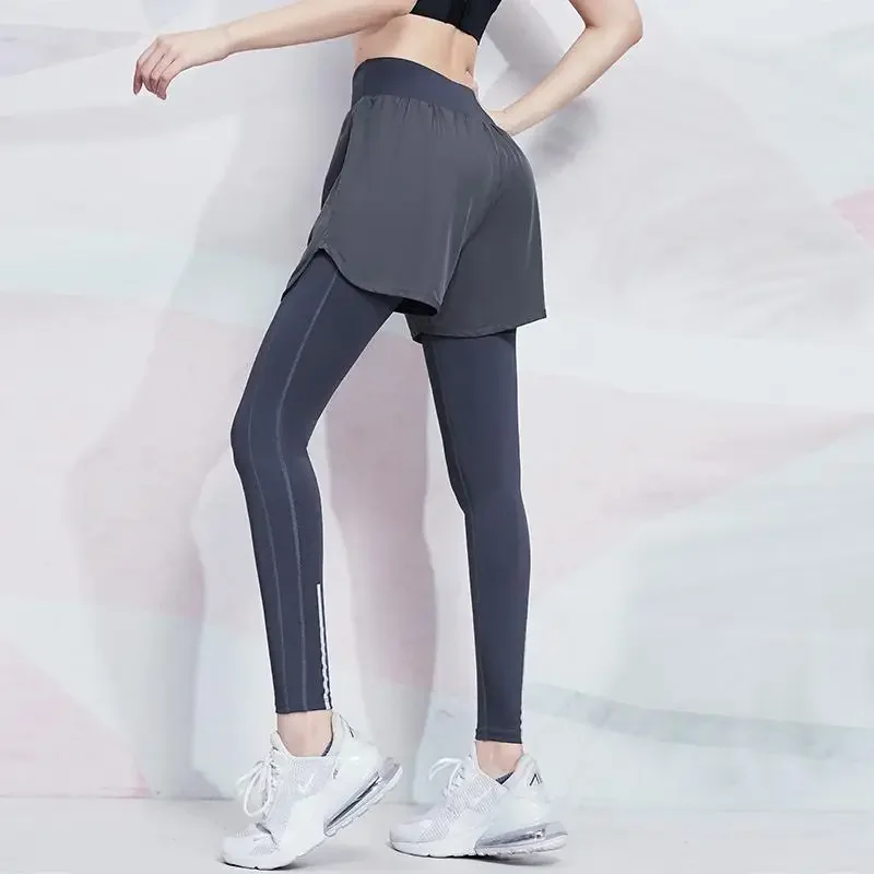 Women High Waist Yoga Pants Fake Two-piece Seamless Tights Ladies High Stretch Sweatpants Female Fitness Running Sports Leggings