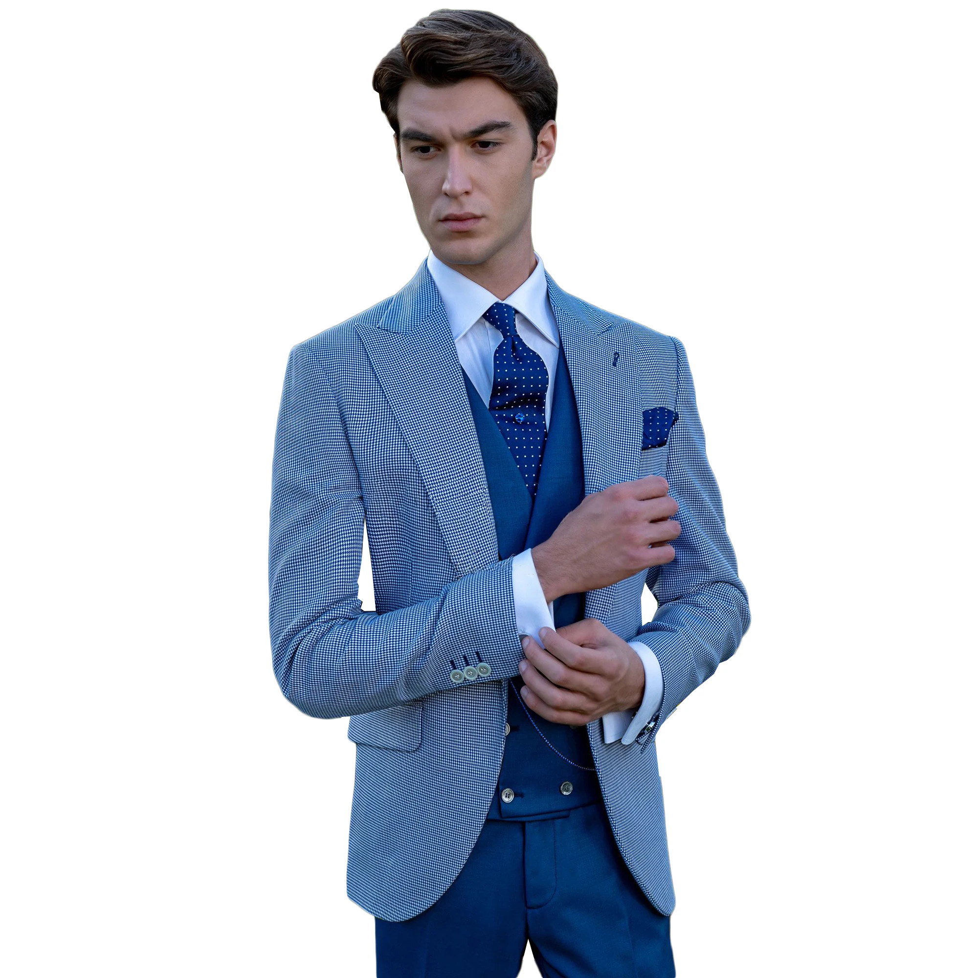 Smoking formal slim fit masculino, ternos de casamento xadrez azul, roupa de noiva lapela alta, jaqueta, calça e colete, feitos sob medida, 3 peças