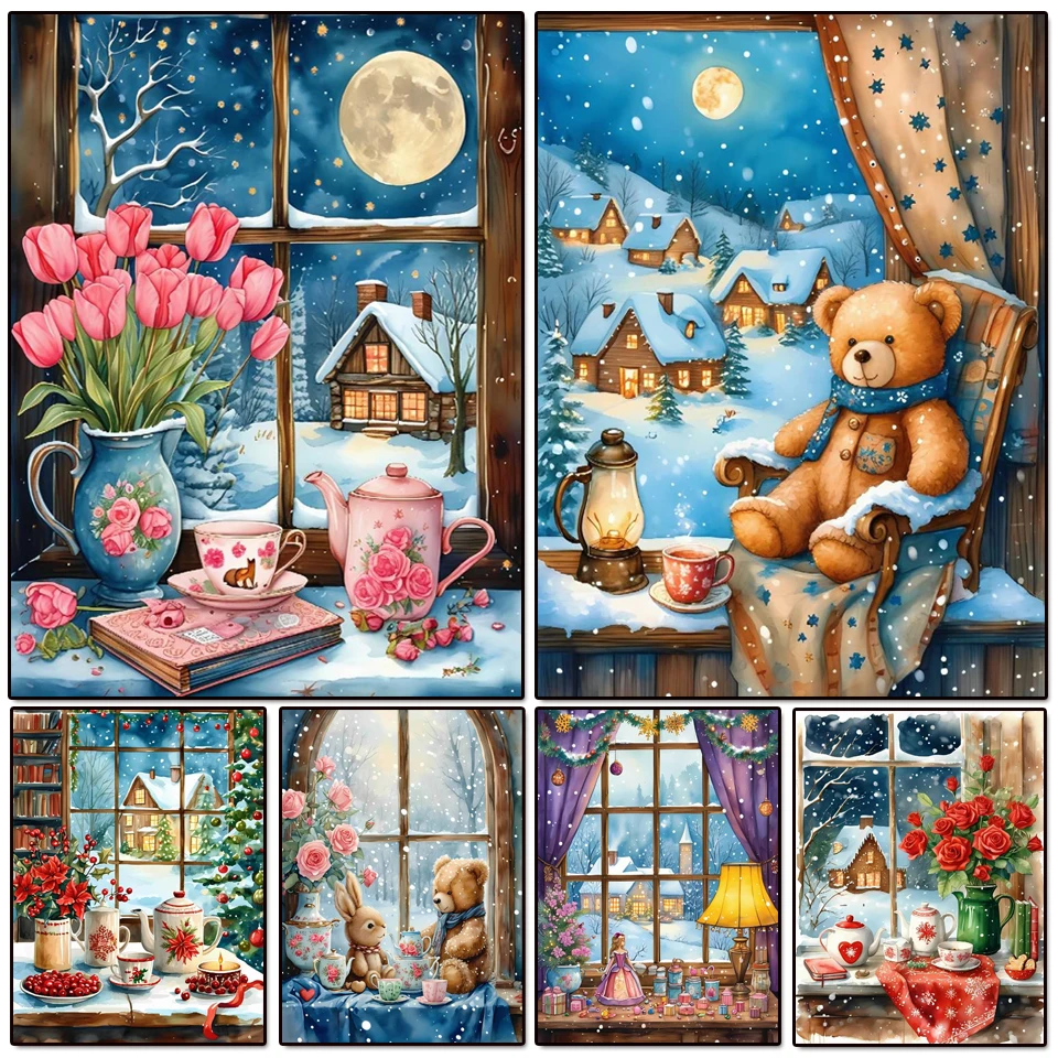 Diamant-Malerei-Set, Winterlandschaft, Handwerk, Diamant-Mosaik, Fenster, Blume, Mond, Cartoon, Bär, Schnee, DIY, mag Hobby, Dekoration für Zuhause